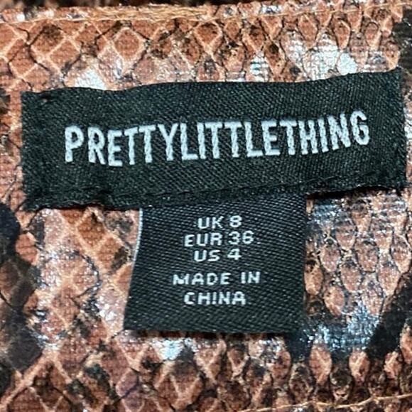 PrettyLittleThing Brown Snakeskin Leather Straight High Waisted Trousers Pants 4 - Picture 5 of 6